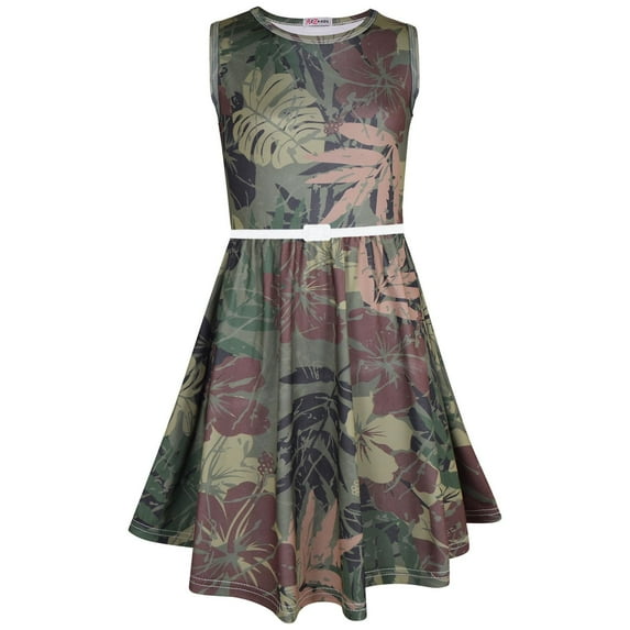 Kids Girls Skater Dress Sleeveless Camo Leaf Print Party Fashion Summer Dresses