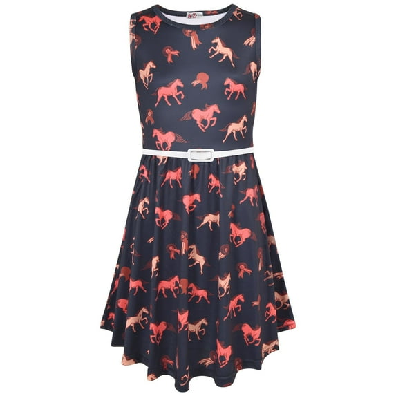 Kids Girls Skater Dress Sleeveless Horses Print Black Party Summer Dresses