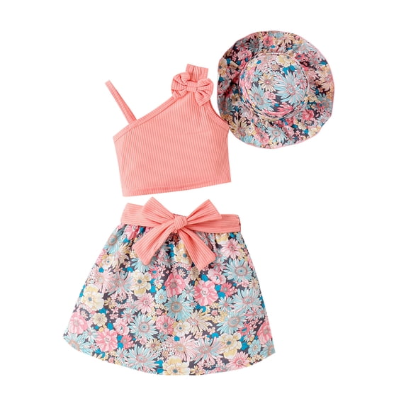 Kids Girls Skirt Set, Camisole with Flower Print Skirt Belt and Hat Summer Outfit