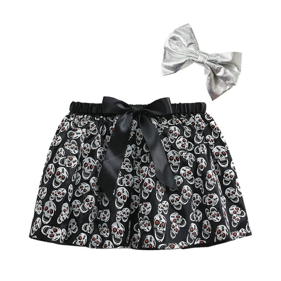 Kids Girls Skull-Print Mesh Tutu Skirt & Satin Bow Set – Carnival & Halloween Party Dance Ballet Skirt in Black/White for 2-11 Years Old Performance Dress-Up Outfits