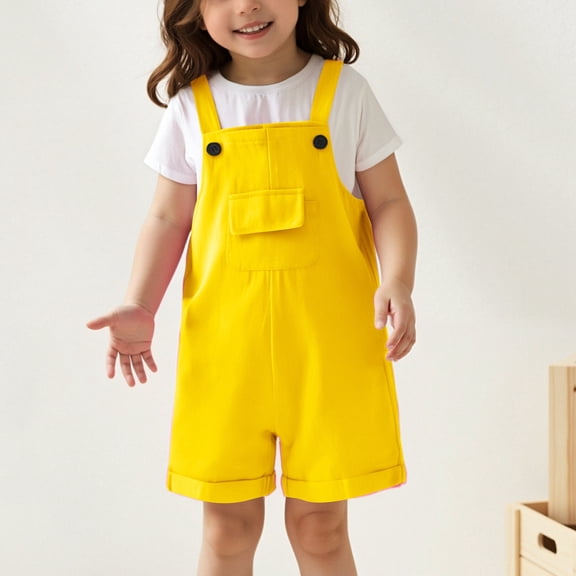Kids Girls Sleeveless Jumpsuit Casual School Romper Yellow Overalls with Side Pockets Spring Summer Romper Kids Jumpsuit for Girls 8-9 Years