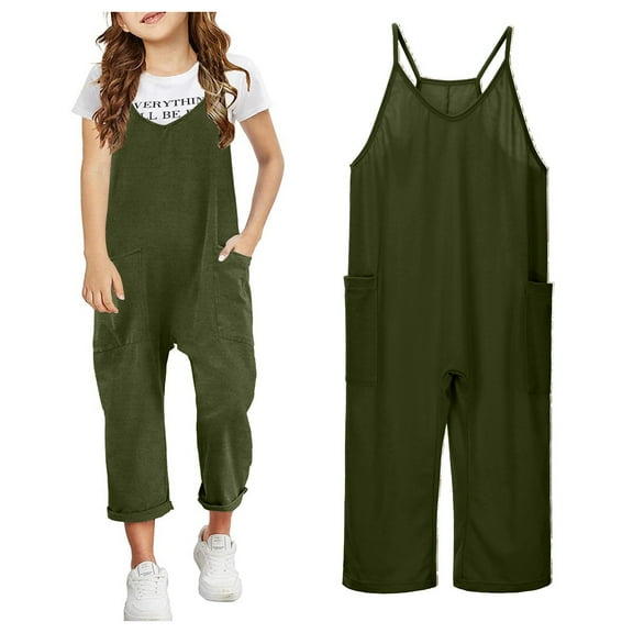 Kids Girls Jumpsuits Rompers Spaghetti Strap Overalls with Side Pockets Wide Leg Harem Pants Girls Overalls 8-10