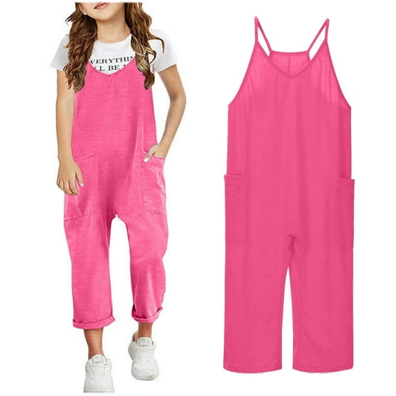 Kids Girls Jumpsuits Overalls Spaghetti Strap Overalls with Side Pockets Wide Leg Harem Pants Girls Summer Clothes 10-12