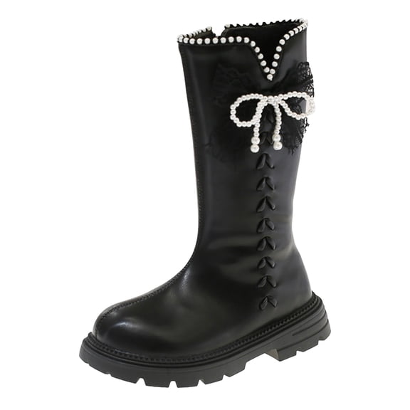 Kids Girls Slip On Leather Knee High Boots Fleece Lined Fashion Pearl Bows Mid Calf Combat Booties Wide Toe Box Riding Dress BootsBlack Size 2 Big Kids