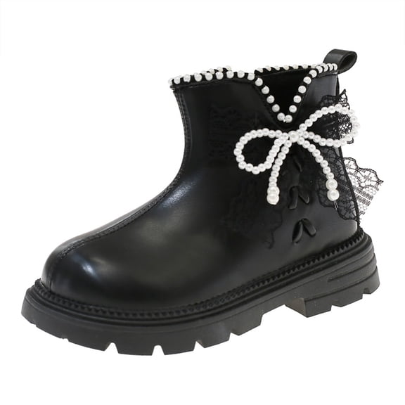 Kids Girls Slip On Leather Combat Boots Fleece Lined Fashion Pearl Bows Ankle Booties Wide Toe Box Riding Dress BootsBlack Size 11 Little Child