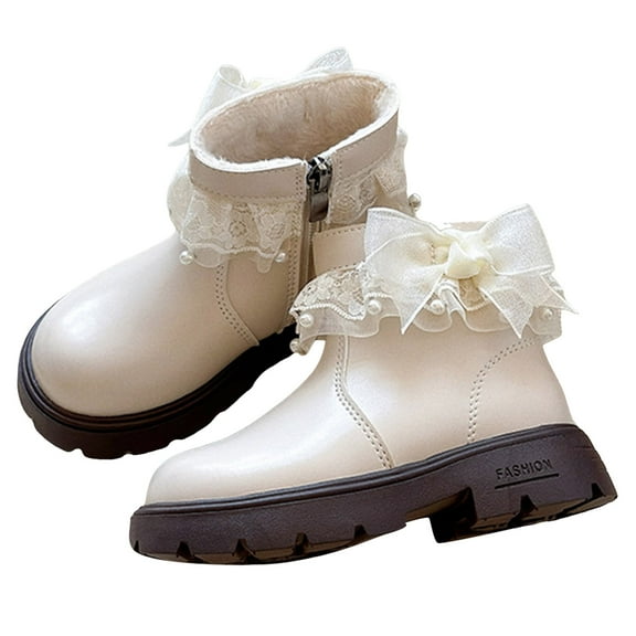 Kids Girls Snow Boots Cute Pearl Lace Bowknot Furry Lined Round Toe Winter Zipper Booties Antislip Lug Sole Platform Dress Ankle Boots 1 Big Kid Beige