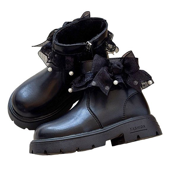 Kids Girls Snow Boots Cute Pearl Lace Bowknot Furry Lined Round Toe Winter Zipper Booties Antislip Lug Sole Platform Dress Ankle Boots 12 Little Kid Black