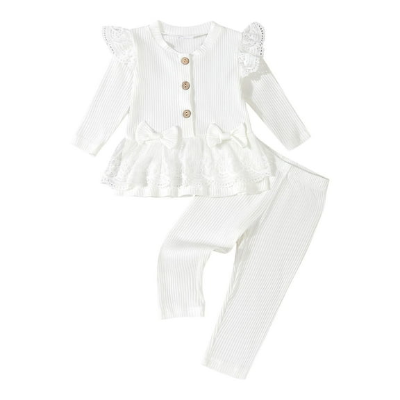 Kids Girls Solid Color Button Lace Splicing Skirt Long Pants Two Piece Set Long Sleeve Round Neck Top Shirt for Special Occasions and Daily Wear White 70