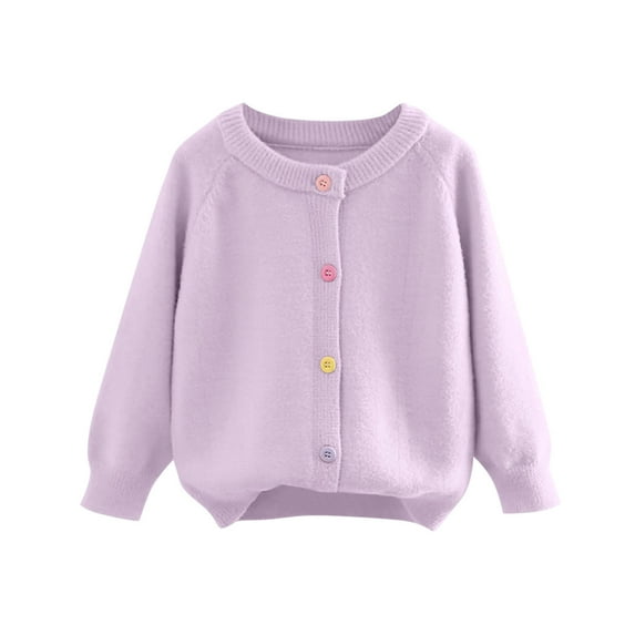 Kids Girls Solid Color Fleece Knitted Cardigan Long Sleeve Round Neck Sweater for Autumn and Winter Casual Comfort Everyday Wear Purple 7-8 Years