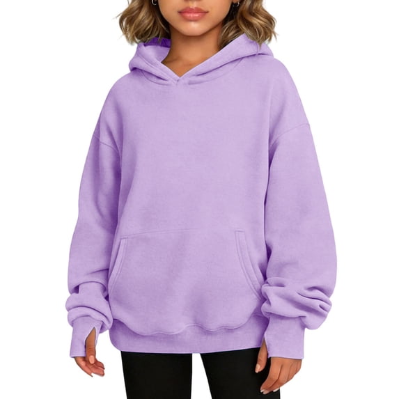 Kids Girls Solid Color Hooded Sweatshirt, Oversized Long Sleeve Pullover with Front Pocket, Fashion Casual Hoodie Purple 120