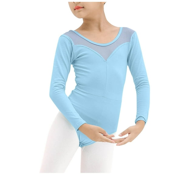 Kids Girls Solid Color Long Sleeve Dance Bodysuit Mesh Practice Suit Comfortable Stretchy Fabric for Dance, Gymnastics, and Performance Activities Light Blue 12 Years