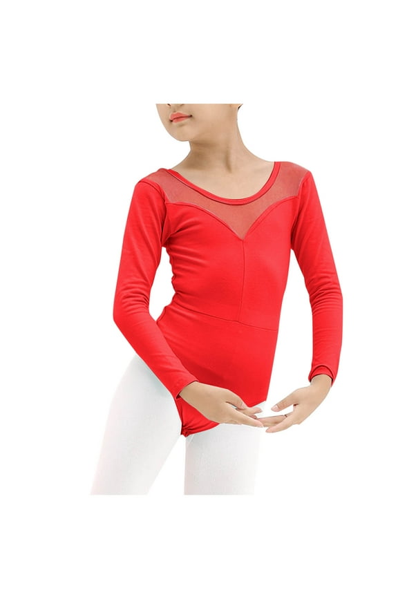 Kids Girls Solid Color Long Sleeve Dance Bodysuit Mesh Practice Suit Comfortable Stretchy Fabric for Dance, Gymnastics, and Performance Activities Red 3 Years