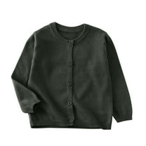 Kids Girls Solid Color Long Sleeve Fleece Knitted Cardigan for Autumn Winter, Comfortable Round Neck Sweater, Casual Knitwear for Special Occasions Army Green 4-5 Years