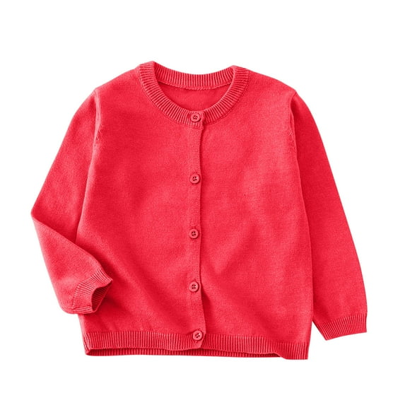 Kids Girls Solid Color Long Sleeve Fleece Knitted Cardigan for Autumn Winter, Comfortable Round Neck Sweater, Casual Knitwear for Special Occasions Watermelon Red 4-5 Years