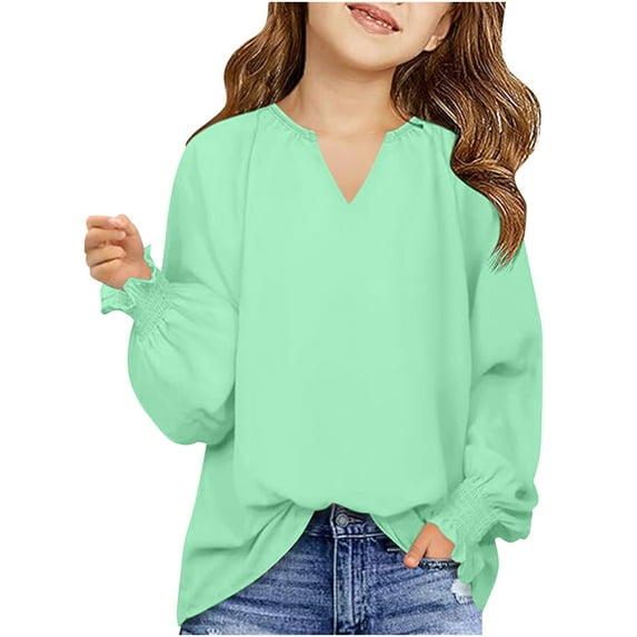 Kids Girls Solid Color Loose Puff Sleeve Long Sleeve V-Neck Top Shirt for Casual Wear, Lightweight Comfortable Fabric, Perfect for Parties and Outings Green 120