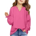 thumbnail image 1 of Kids Girls Solid Color Loose Puff Sleeve Long Sleeve V-Neck Top Shirt for Casual Wear, Lightweight Comfortable Fabric, Perfect for Parties and Outings Hot Pink 150, 1 of 8