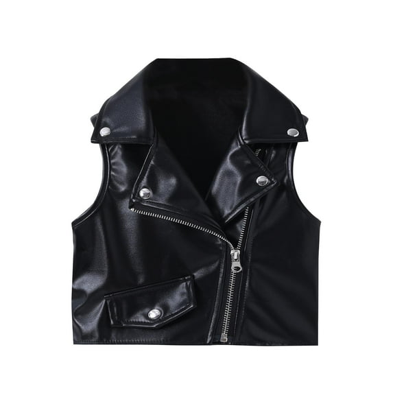 Kids Girls Solid Color PU Leather Vest with Zipper and Studs, Sleeveless Fashionable Outerwear for Winter, Stylish and Comfortable for Parties and Daily Wear Black 100