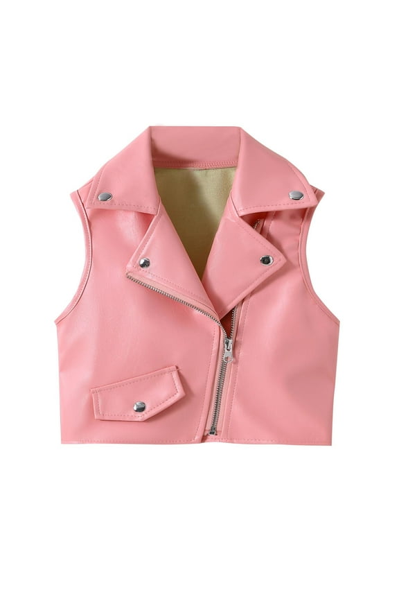 Kids Girls Solid Color PU Leather Vest with Zipper and Studs, Sleeveless Fashionable Outerwear for Winter, Stylish and Comfortable for Parties and Daily Wear Pink 110