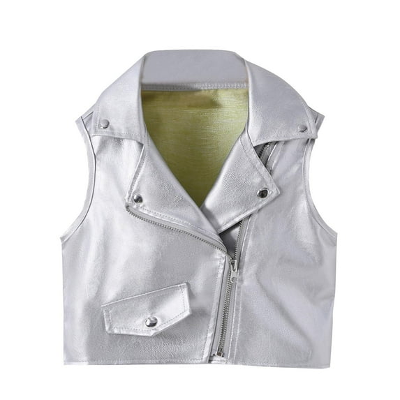 Kids Girls Solid Color PU Leather Vest with Zipper and Studs, Sleeveless Fashionable Outerwear for Winter, Stylish and Comfortable for Parties and Daily Wear White 110