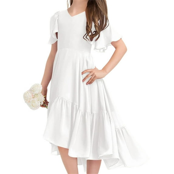 Kids Girls Solid Color Ruffle Dress Short Sleeved Irregular Party Dress