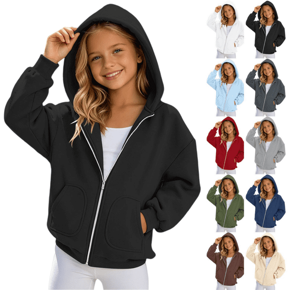 Kids Girls Solid Zip Up Hoodie Sweatshirt Oversized Pocket Long Sleeve Casual Hooded Jacket for Daily School Outdoor Wear(Black,12-13 Years)