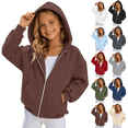 thumbnail image 1 of Kids Girls Solid Zip Up Hoodie Sweatshirt Oversized Pocket Long Sleeve Casual Hooded Jacket for Daily School Outdoor Wear(Brown,14-15 Years), 1 of 5
