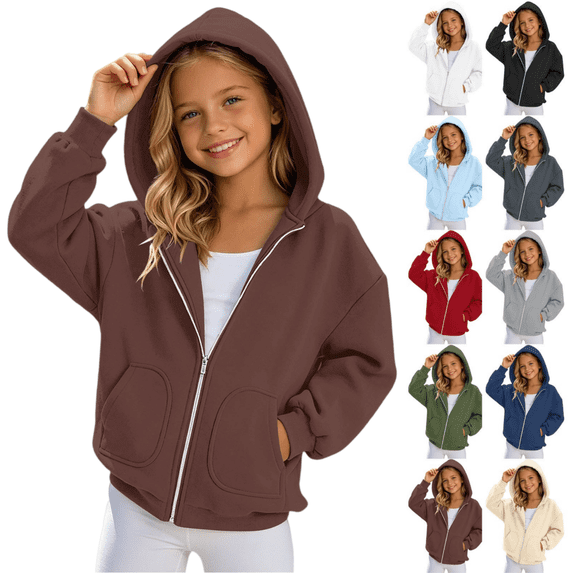 Kids Girls Solid Zip Up Hoodie Sweatshirt Oversized Pocket Long Sleeve Casual Hooded Jacket for Daily School Outdoor Wear(Brown,14-15 Years)