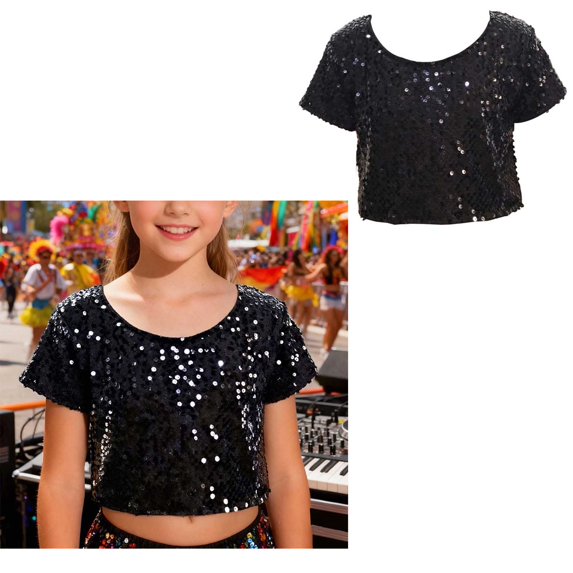 Kids Girls Sparkle Sequins Cropped Top Short Sleeves Dance Tops Belly Hop Jazz Dance Performing One Size