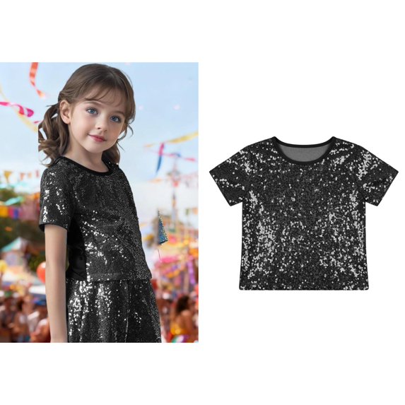Kids Girls Sparkle Sequins Cropped Top Short Sleeves T-Shirt Jazz Hop Party Performance 7-10 Years