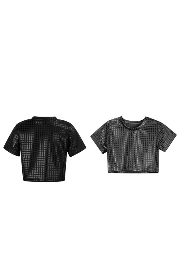 Kids Girls Sparkly Metallic Shiny Crop Tops Short Sleeves T-Shirt Cheer Jazz Party Performance 8-9 Years