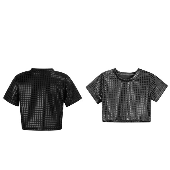Kids Girls Sparkly Metallic Shiny Cropped Top Short Sleeves Dance Top T-Shirt Ballet Latin Jazz Performance Party 5-6 Years