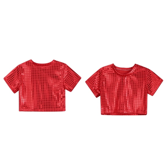 Kids Girls Sparkly Metallic Shiny Cropped Top Short Sleeves Tops Blouse Ballet Latin Jazz Performance Oufits 5-6 Years