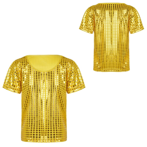 Kids Girls Sparkly Metallic Shiny Short Sleeves Loose T-Shirt Cheer Jazz Dance Party Stage Performance 4-5 Years