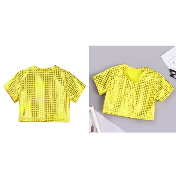 Kids Girls Sparkly Sequin Cropped Top Short Sleeves Tops Blouse Belly Hop Jazz Dance Performance 5-6 Years