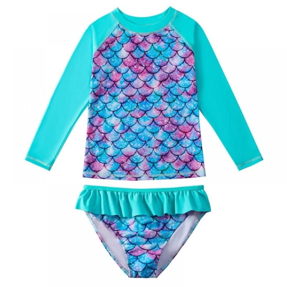 Kids Girls Split Swimsuit Girl's Long Sleeve Sun Protection Sunsuit Bathing Suit Fish Scale Pattern Swimswear