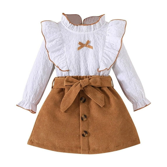 Kids Girls Spring Summer Round Neck Long Sleeve Skirt Set Casual Solid Color Lightweight Outfit Perfect for Daily Wear and Parties Khaki 1 Years