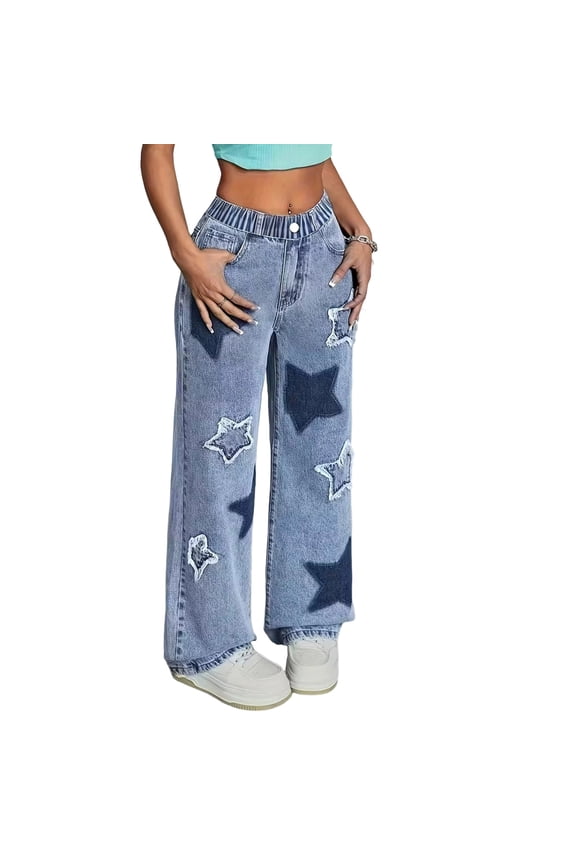 Kids Girls Star Print Denim Jeans Full Length Straight Leg Loose Fit Wide Leg Casual Trousers Fall Fashion Comfortable Denim Bottoms Blue 8 Years-9 Years