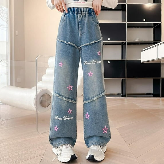 Kids Girls Star Print Y2K Jeans Cool Girls Casual Loose Fit Baggy Trousers High Waist Wide Leg Denim Pants