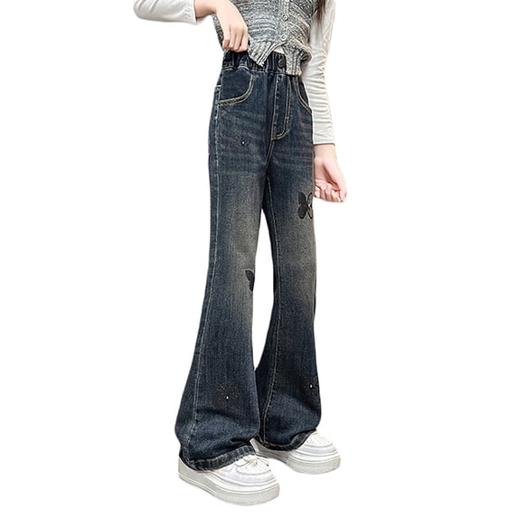 Kids Girls Straight Leg Baggy Jeans,Kids Girls Elastic Waist Casual Loose Pull On Denim Pants Wide Leg Skater Denim Pants Casual Loose Fit Long Trousers Streetwear with Pockets 4-16 Years