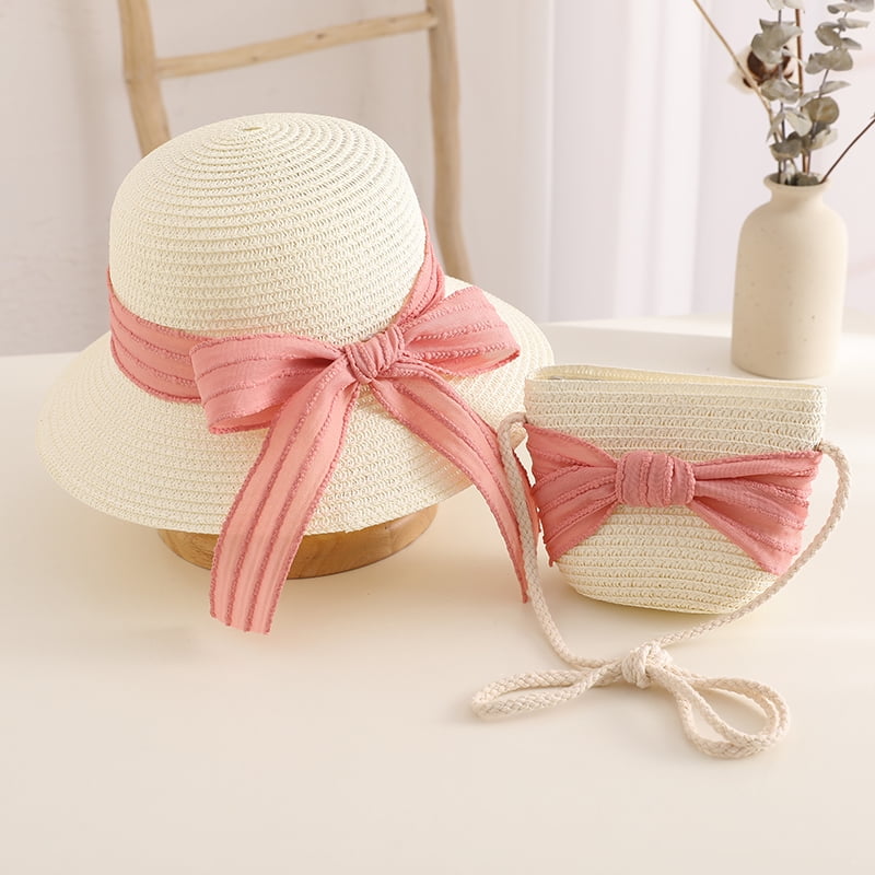 Bow Sun Kids Girls Straw Hat Handbag Set Wide Brim Lace Bow Sun Protection Cap ...