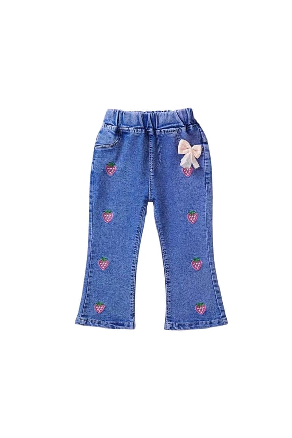 Kids Girls Strawberry Embroidered Jeans | Flare Leg Denim Pants | Elastic Waist Dark Blue Kids Jeans for Girls,Size 9 Months