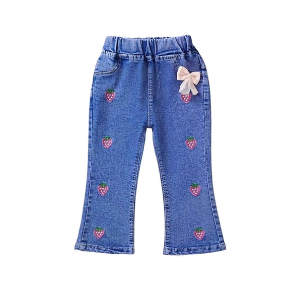 Kids Girls Strawberry Embroidered Jeans | Flare Leg Denim Pants | Elastic Waist Dark Blue Kids Jeans for Girls,Size 9 Months