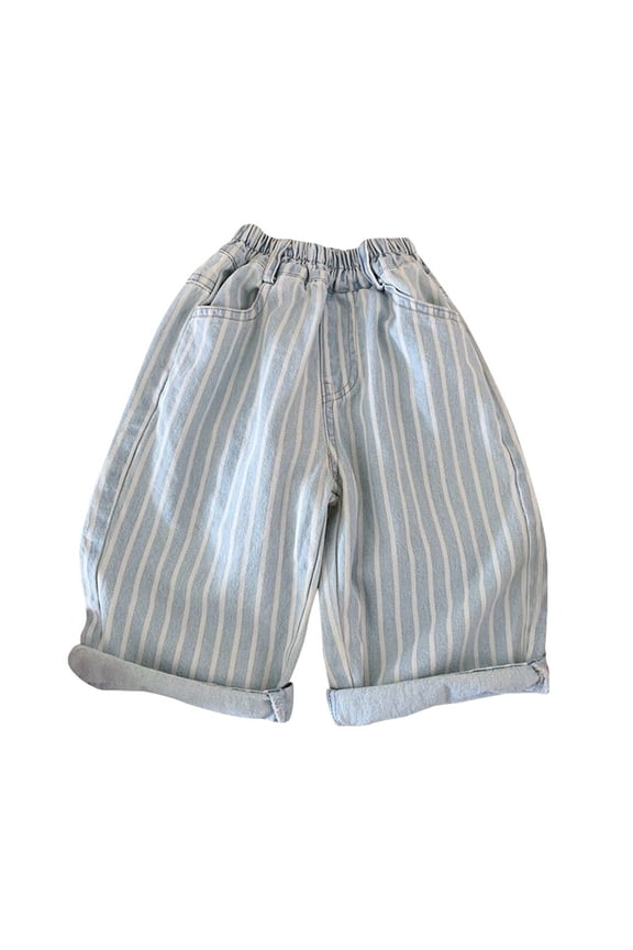 Kids Girls Striped Print Denim Jeans Full Length Fashionable Casual Trousers Elastic Waist Soft Fabric Stylish Bottoms for Kids Light Blue 3 Years-4 Years