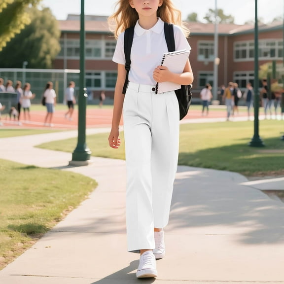 Kids Girls Suit Pants Button Cute Solid Color School Uniform Pant for Girl Stretch Flat Front Dress Pants Athletic Casual Straight Leg Pant Chino Waist Trousers