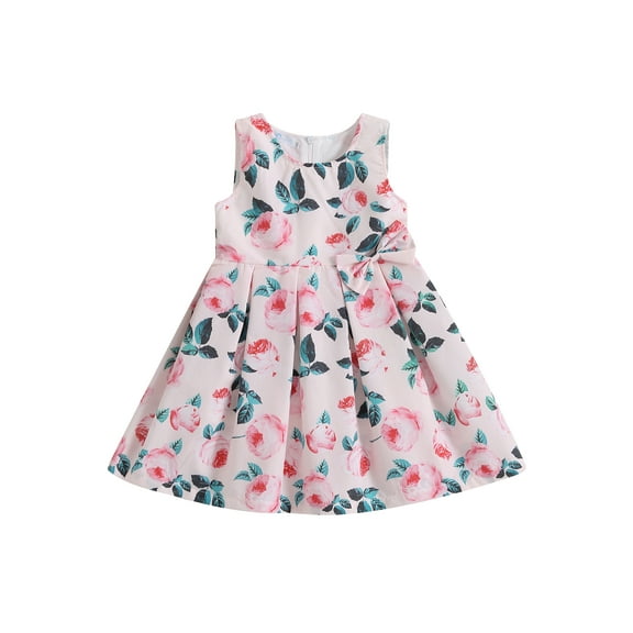 Kids Girls Summer A-line Dress Little Girls Sleeveless Princess Dress Casual Floral Print One Piece Dress for Beach Party1-6T