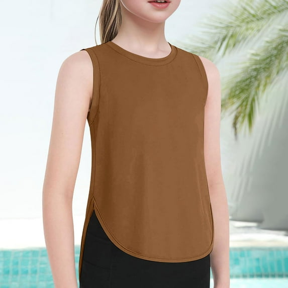 Kids Girls Summer Athletic Solid Color Tank Tops Split Curved Hem Sleeveless Shirts For Gym Yoga Running