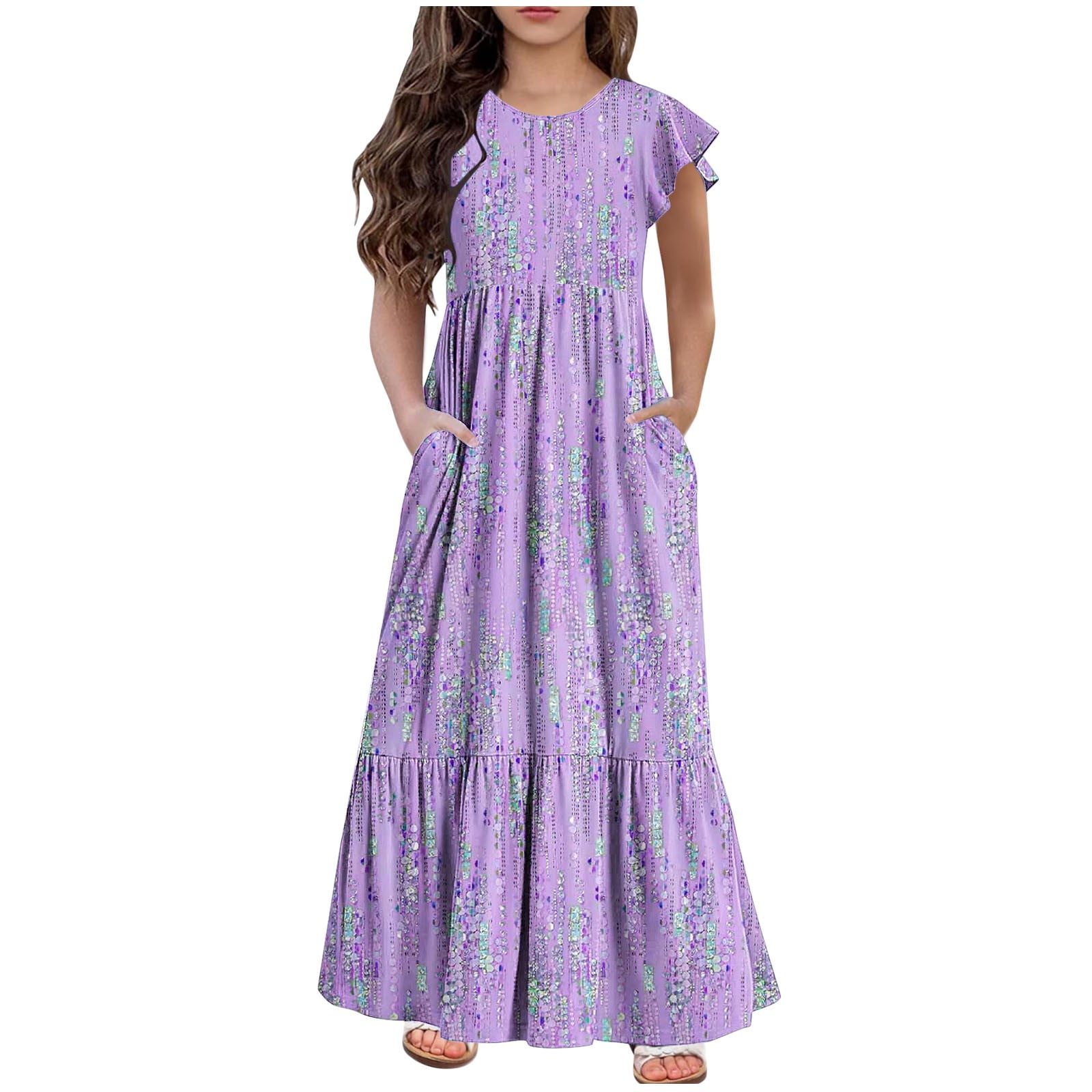 Kids Girls Summer Beach Maxi Dress Flower Printed Ruffle Short Sleeve Flowy Tiered Long Dress Casual Loose Swing Dress with Pockets 6-12 Years