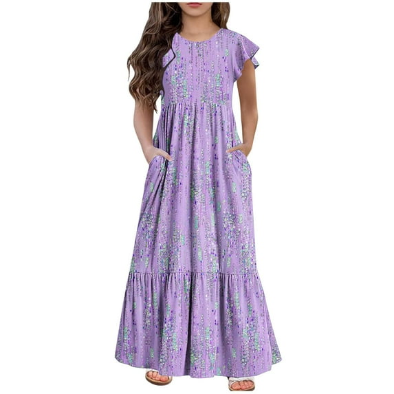 Kids Girls Summer Beach Maxi Dress Flower Printed Ruffle Short Sleeve Flowy Tiered Long Dress Casual Loose Swing Dress with Pockets 6-12 Years