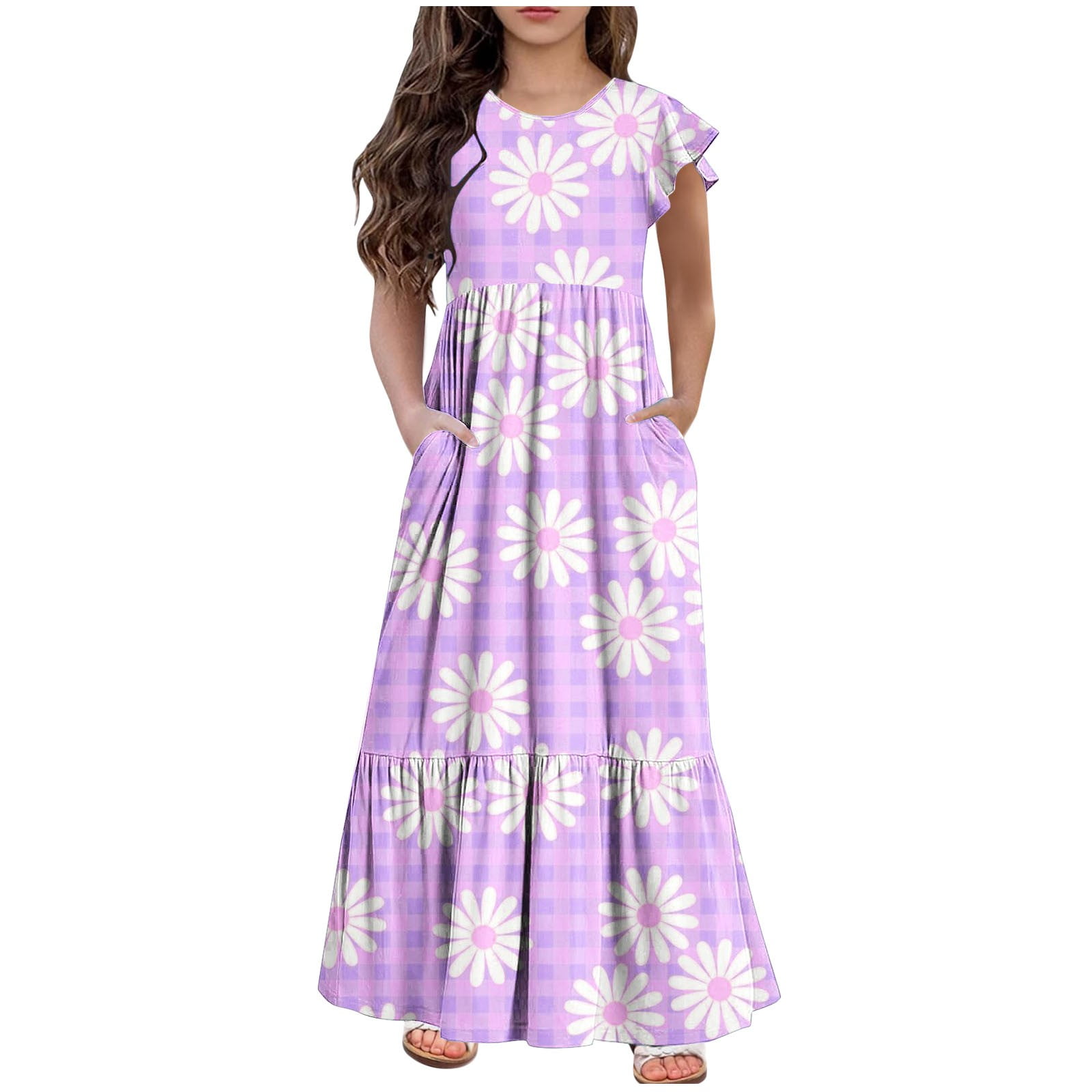 Kids Girls Summer Beach Maxi Dress Flower Printed Ruffle Short Sleeve Flowy Tiered Long Dress Casual Loose Swing Dress with Pockets 6-12 Years