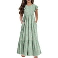 thumbnail image 1 of Kids Girls Summer Beach Maxi Dress Flower Printed Ruffle Short Sleeve Flowy Tiered Long Dress Casual Loose Swing Dress with Pockets 6-12 Years, 1 of 4